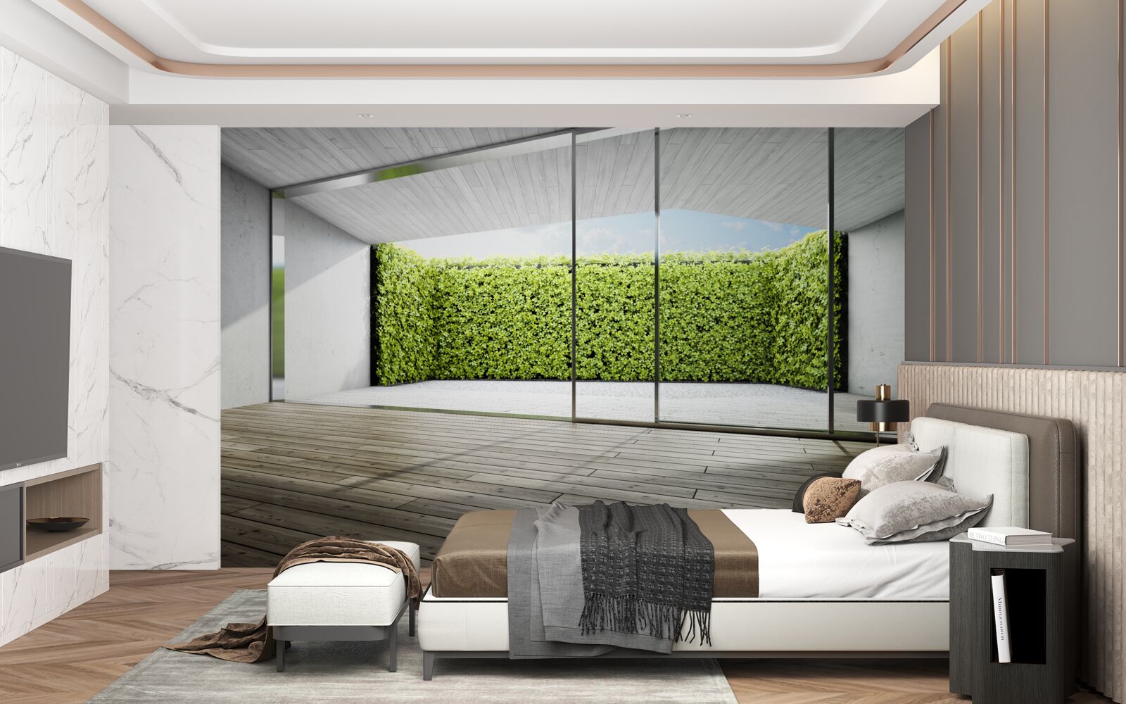 Fototapeta balkón s priehľadnými stenami s výhľadom do záhrady