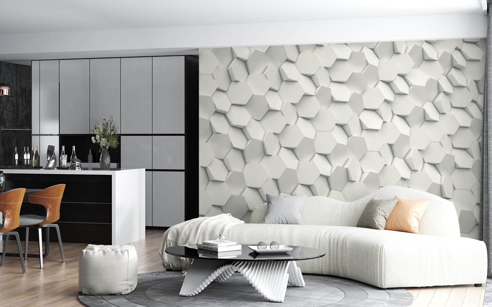 Fototapeta biele a sivé šesťuholníky s objemom