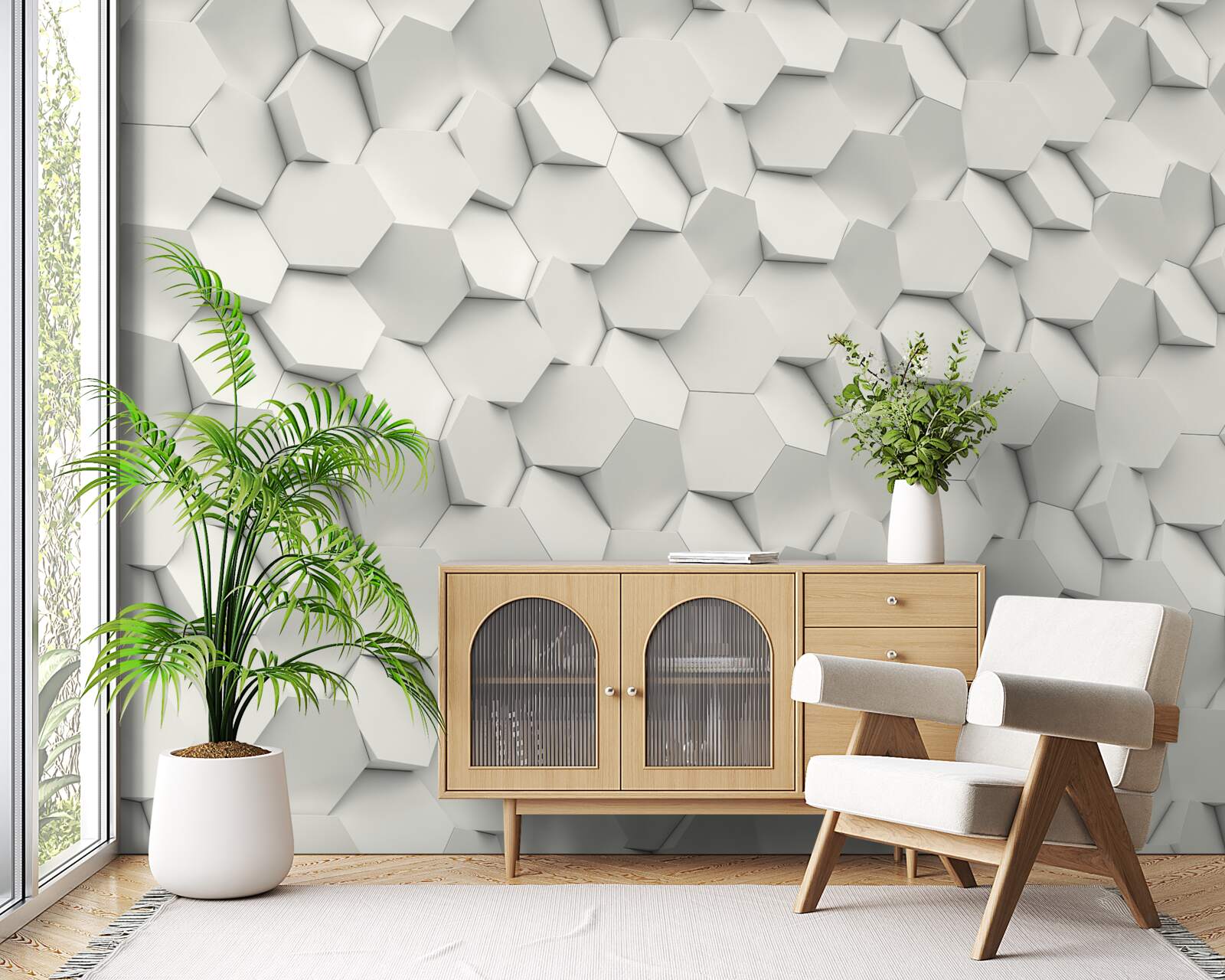 Fototapeta biele a sivé šesťuholníky s objemom