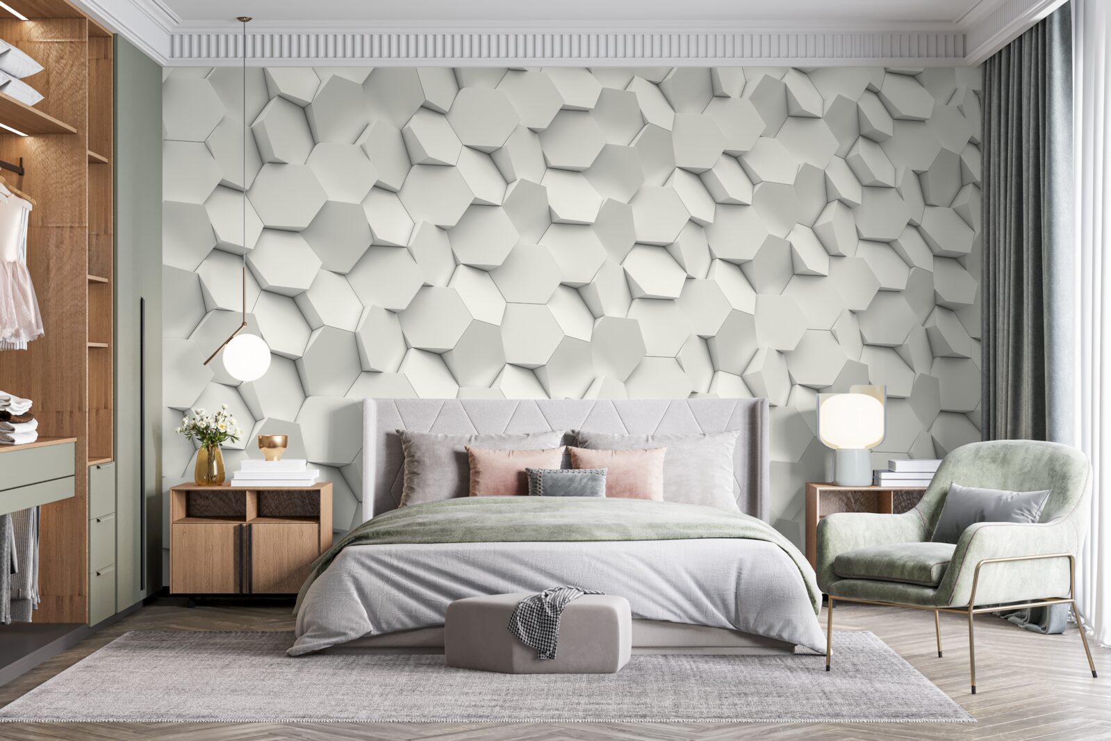 Fototapeta biele a sivé šesťuholníky s objemom