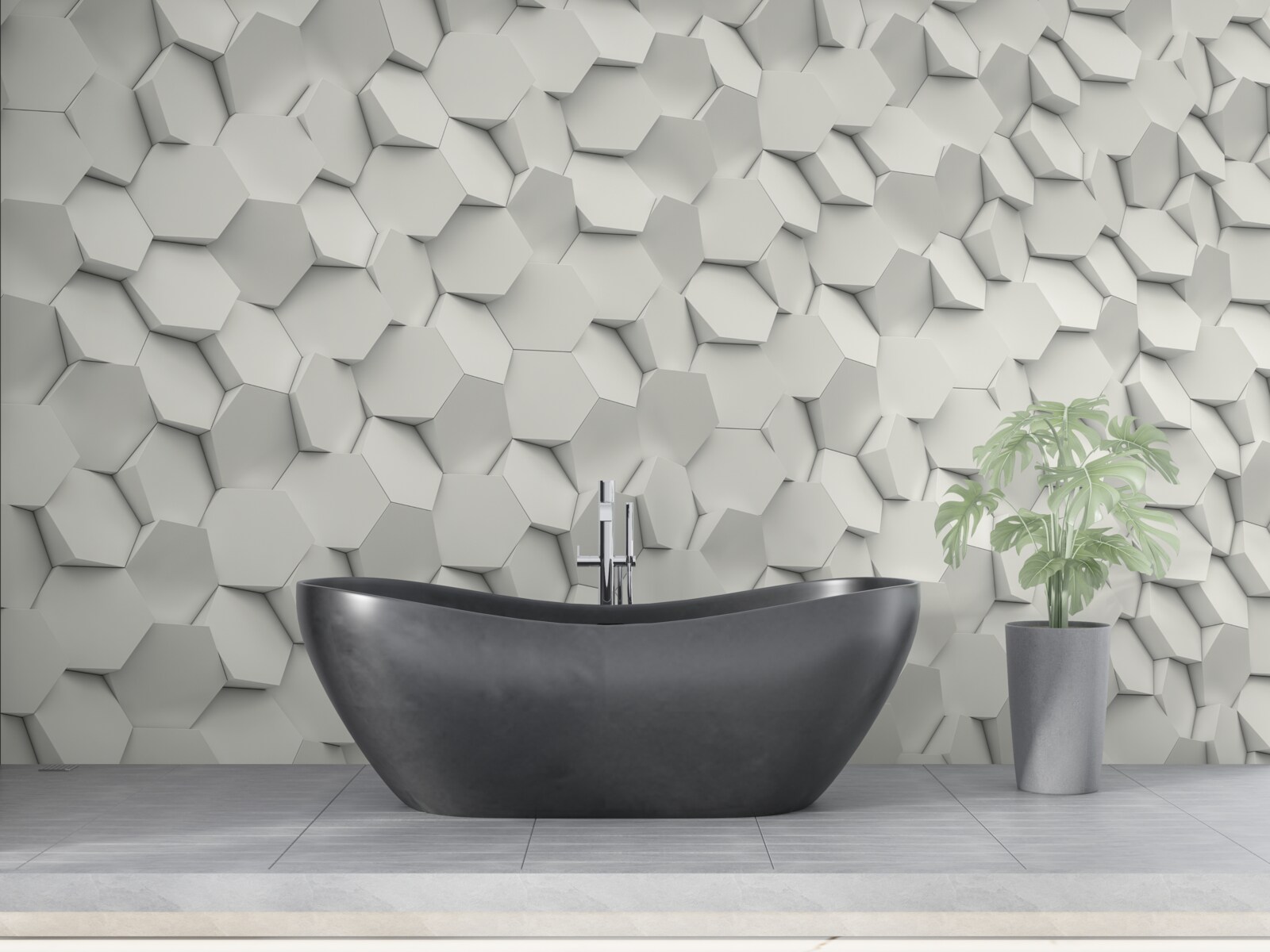 Fototapeta biele a sivé šesťuholníky s objemom