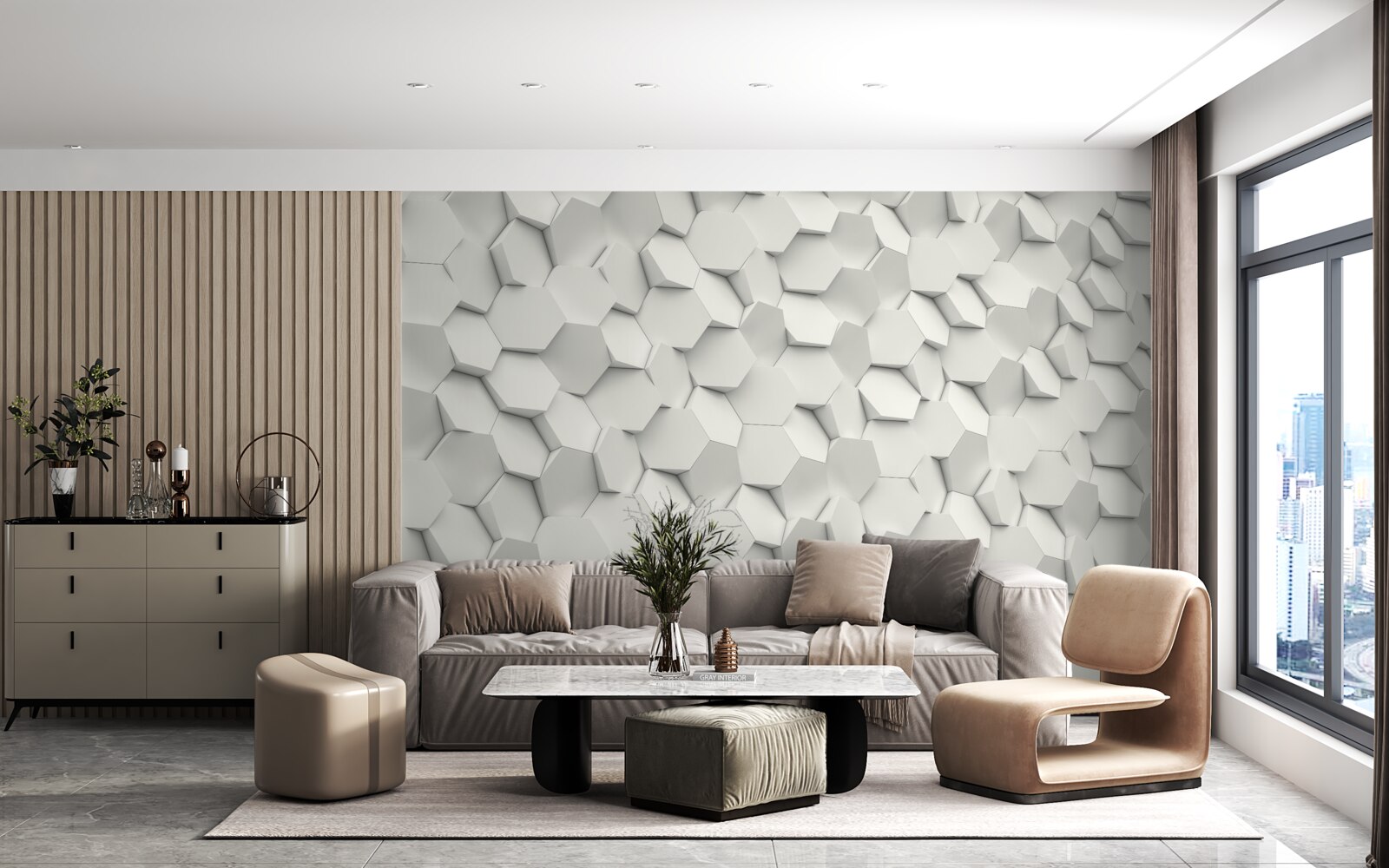 Fototapeta biele a sivé šesťuholníky s objemom