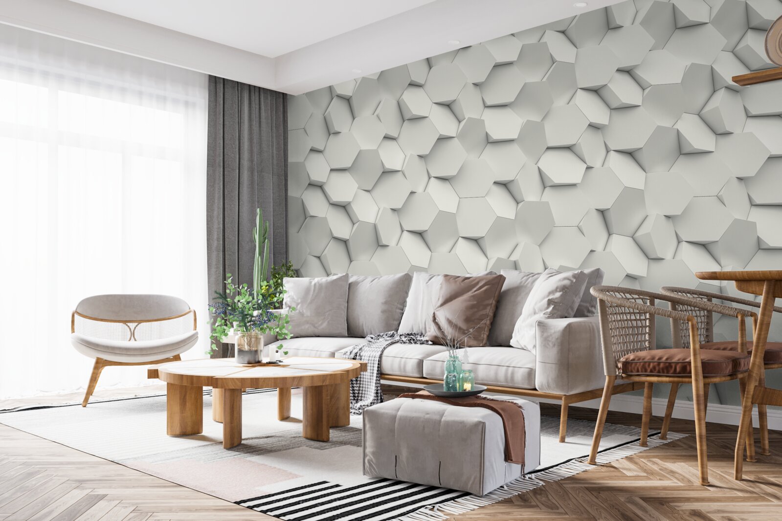 Fototapeta biele a sivé šesťuholníky s objemom