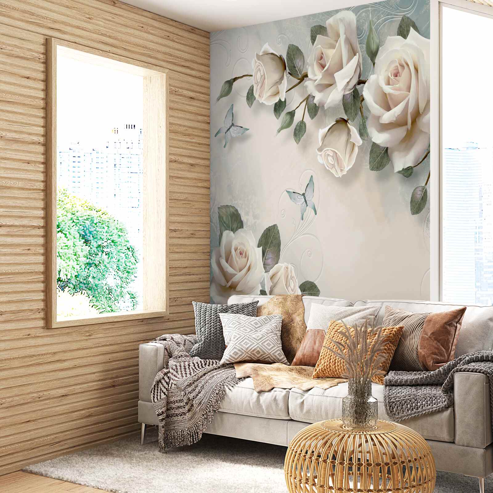 Fototapeta konáre veľkého kríka krémových ruží