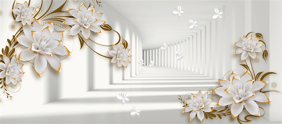 Fototapeta biele lotosy na abstraktnom pozadí, zdobené zlatom