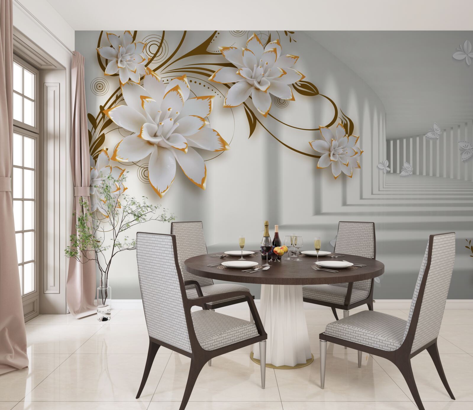 Fototapeta biele lotosy na abstraktnom pozadí, zdobené zlatom