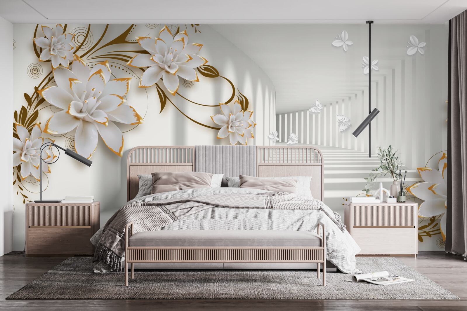 Fototapeta biele lotosy na abstraktnom pozadí, zdobené zlatom