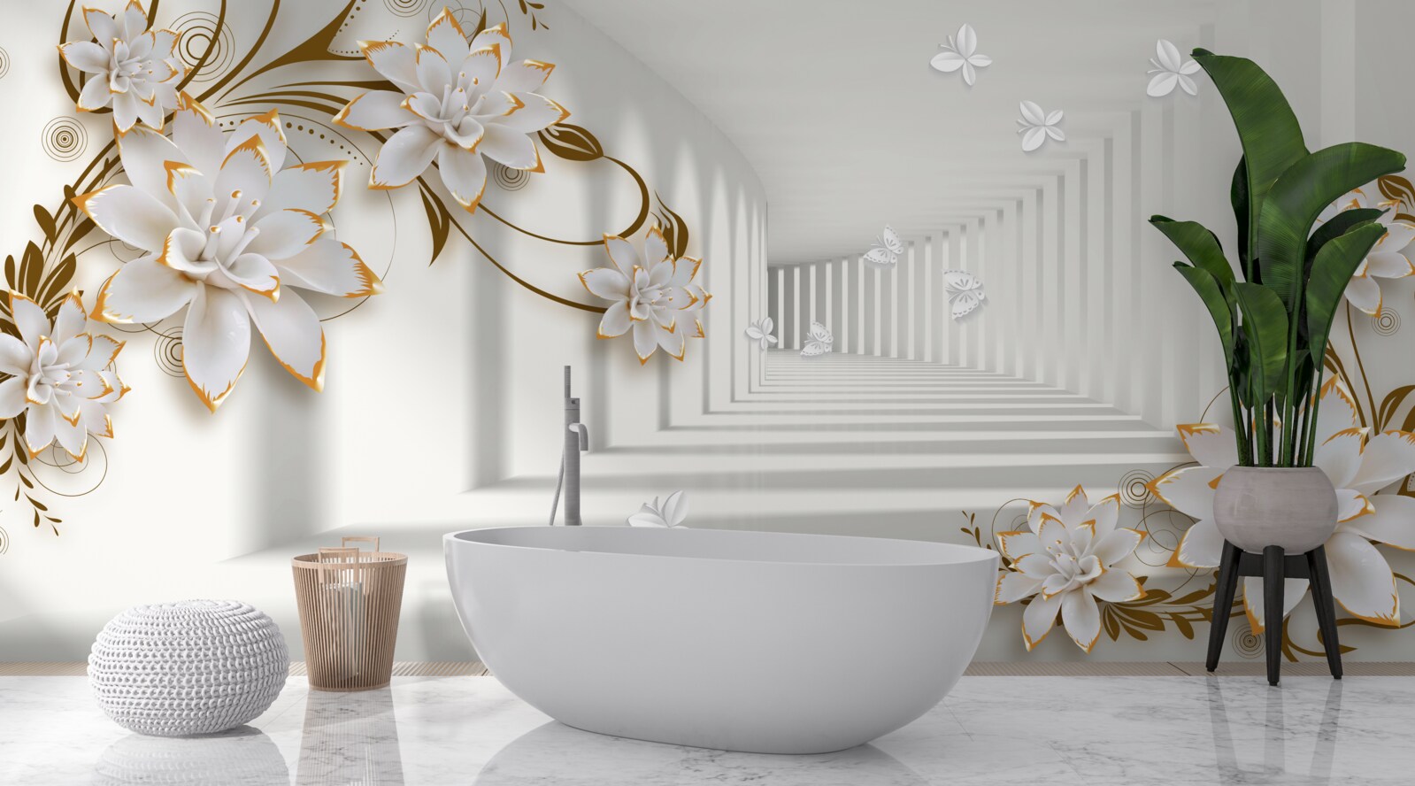 Fototapeta biele lotosy na abstraktnom pozadí, zdobené zlatom