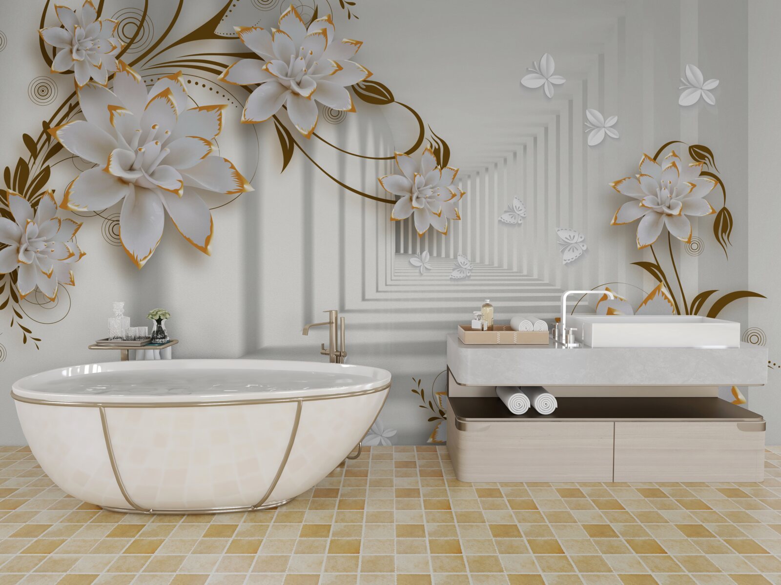 Fototapeta abstraktná chodba a zlaté lotosy