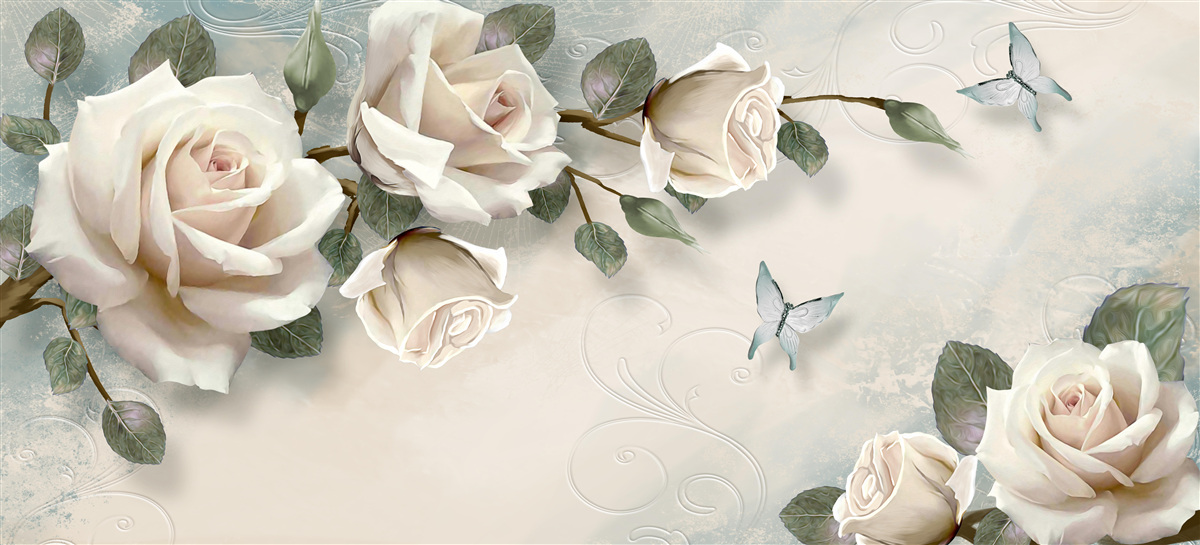 Fototapeta motýle letiace popri konároch krémovej ruže