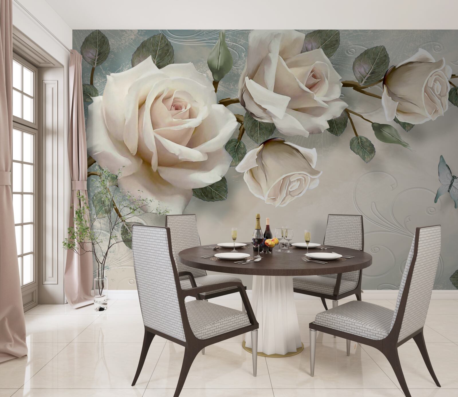 Fototapeta motýle letiace popri konároch krémovej ruže