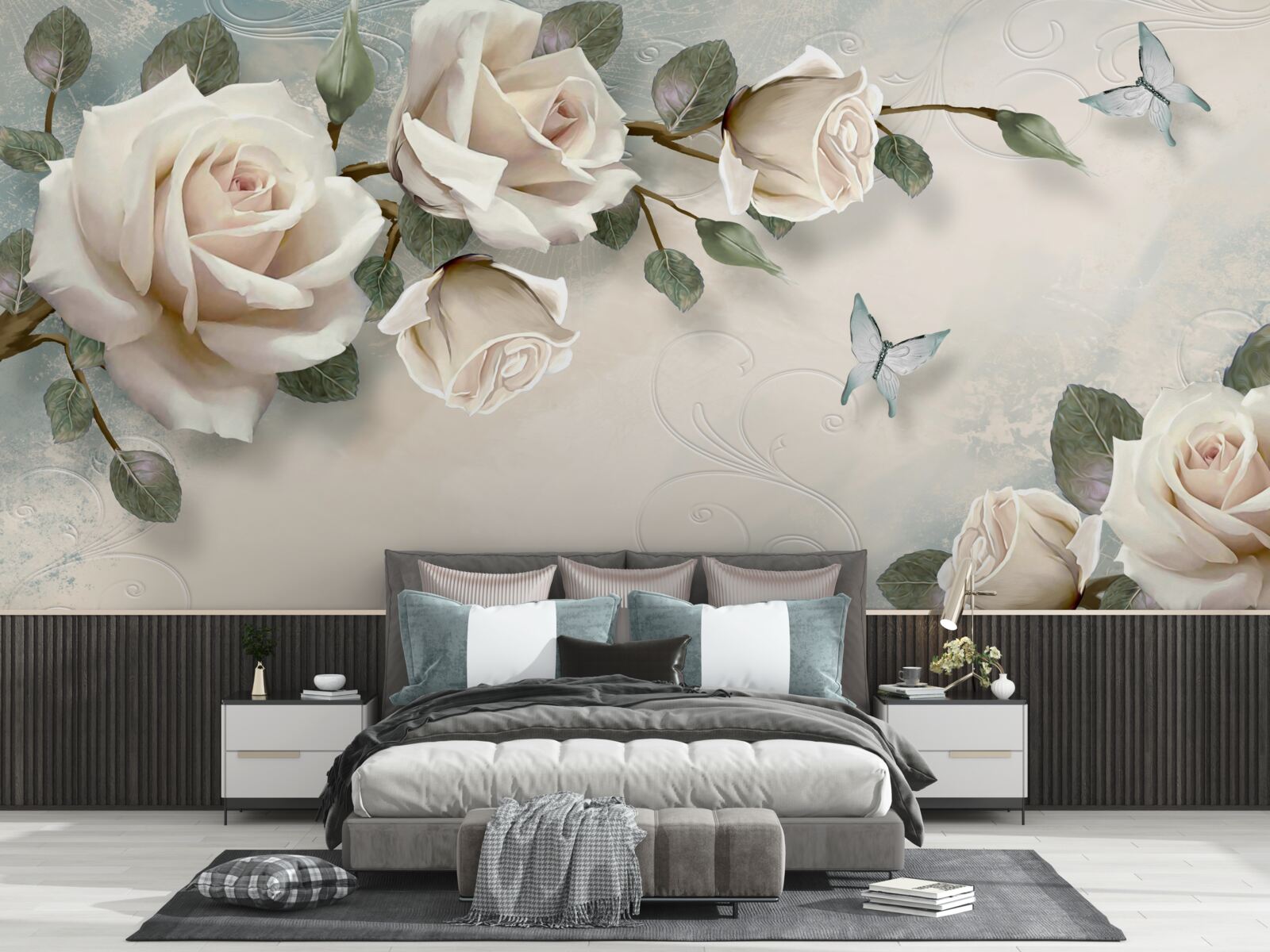 Fototapeta motýle letiace popri konároch krémovej ruže