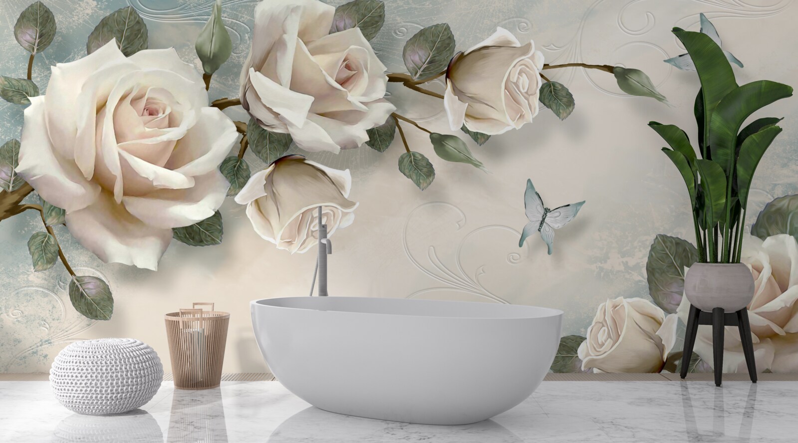 Fototapeta motýle letiace popri konároch krémovej ruže
