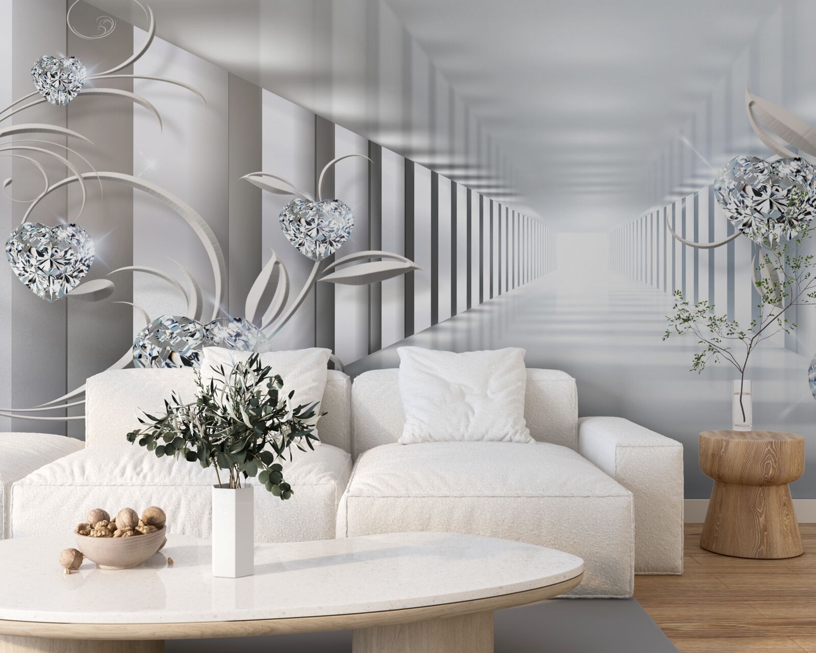 Fototapeta nekonečná chodba, osvetlená jasným svetlom a kvetinovou výzdobou