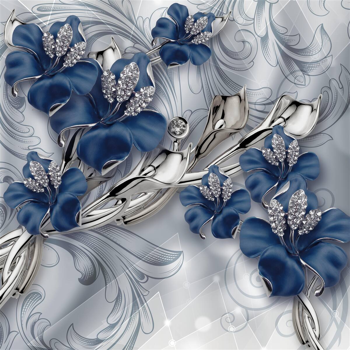 Fototapeta modré kvety so zlatými vetvami a kamennými prvkami