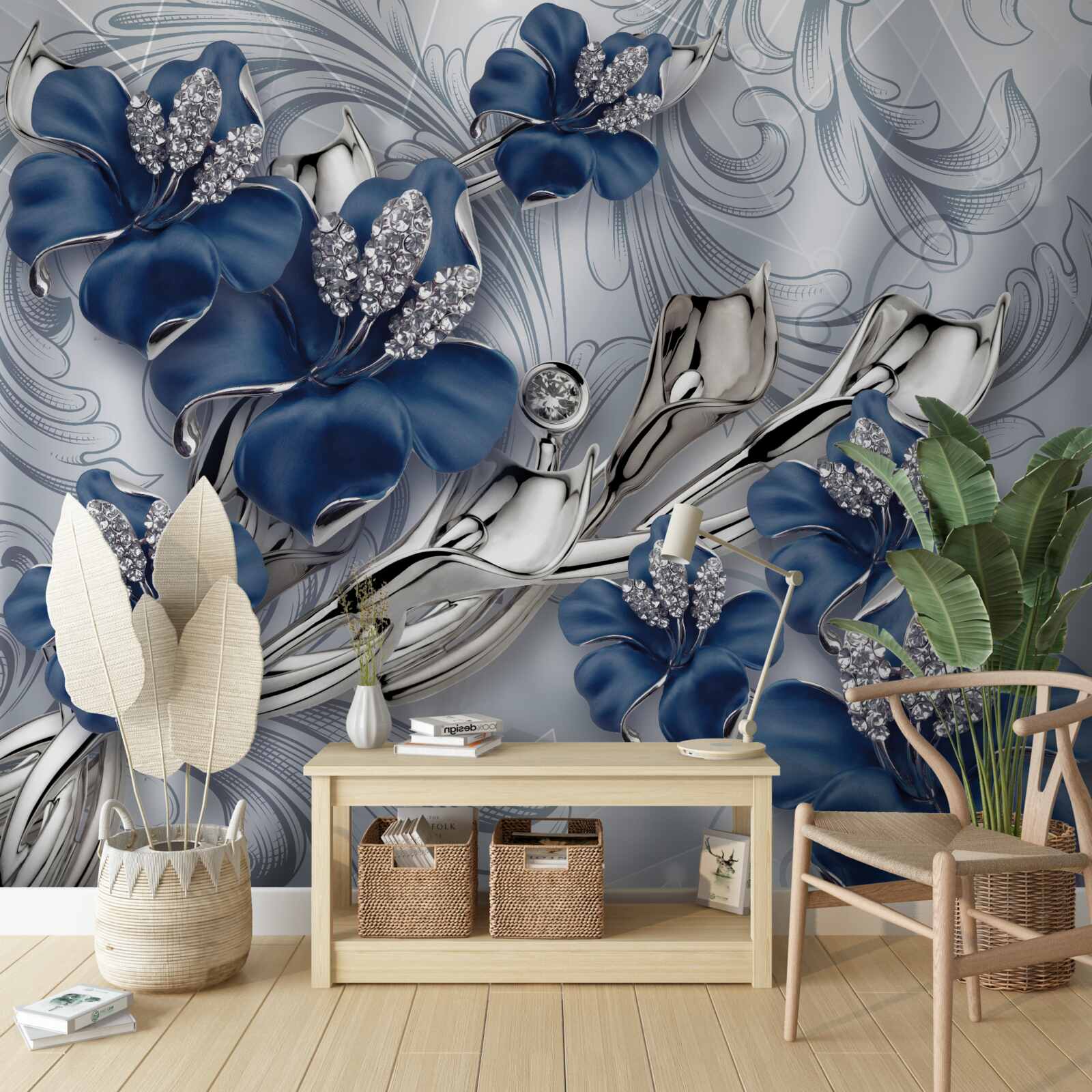 Fototapeta modré kvety so zlatými vetvami a kamennými prvkami