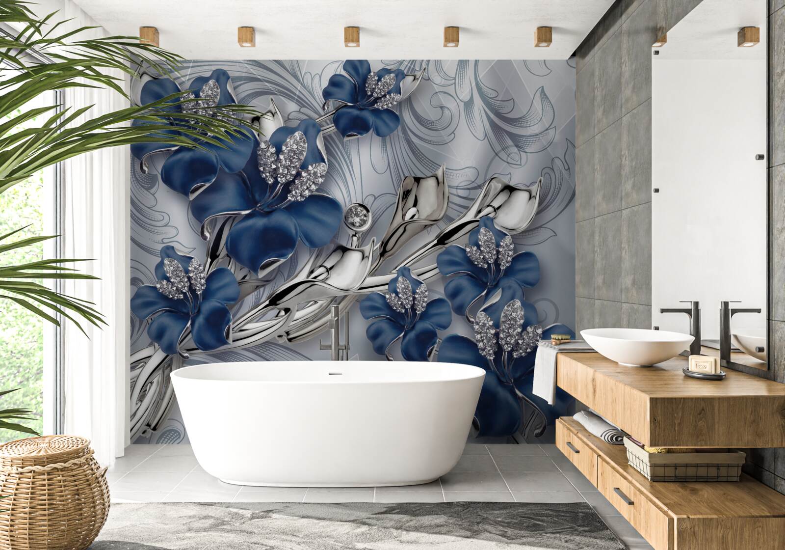 Fototapeta modré kvety so zlatými vetvami a kamennými prvkami