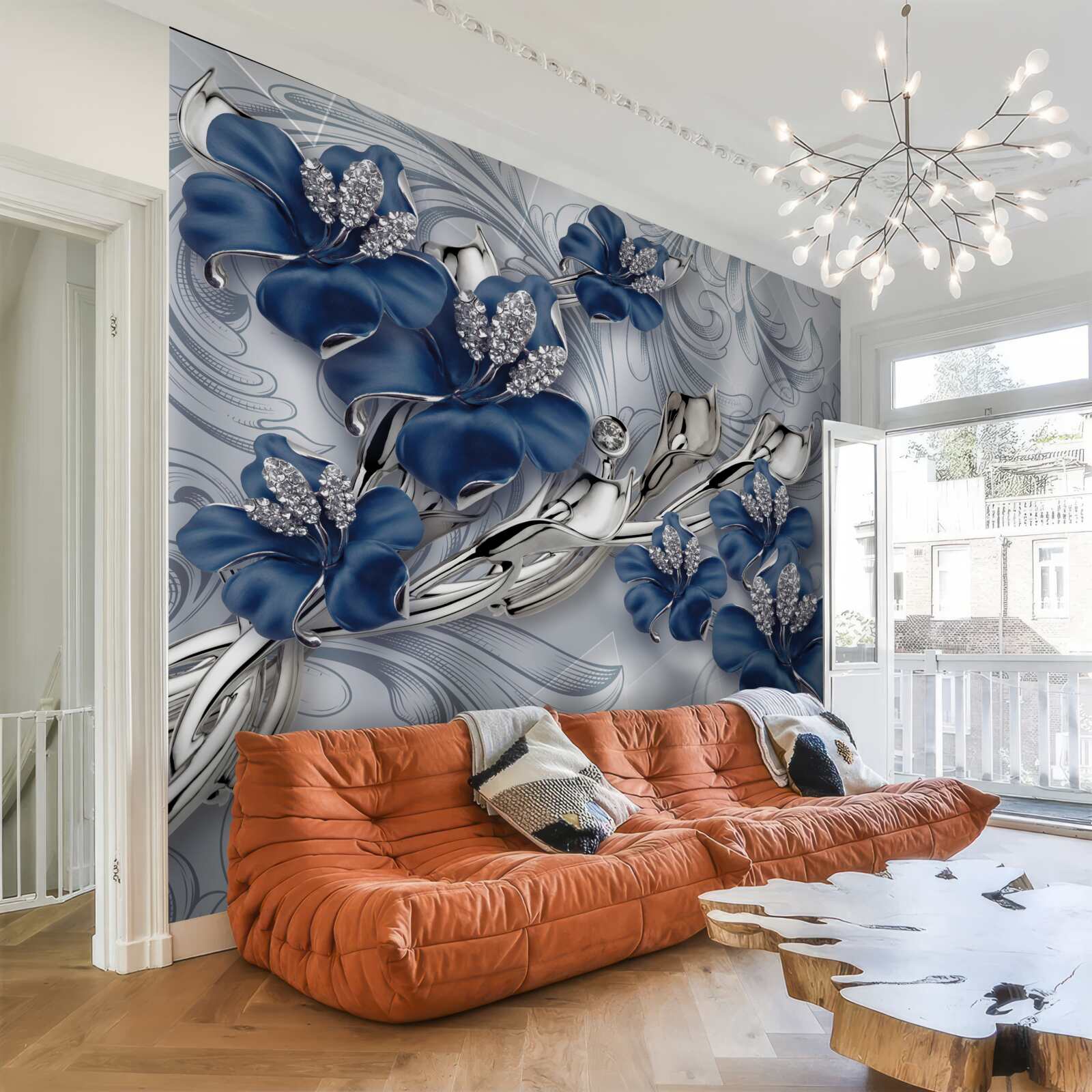 Fototapeta modré kvety so zlatými vetvami a kamennými prvkami