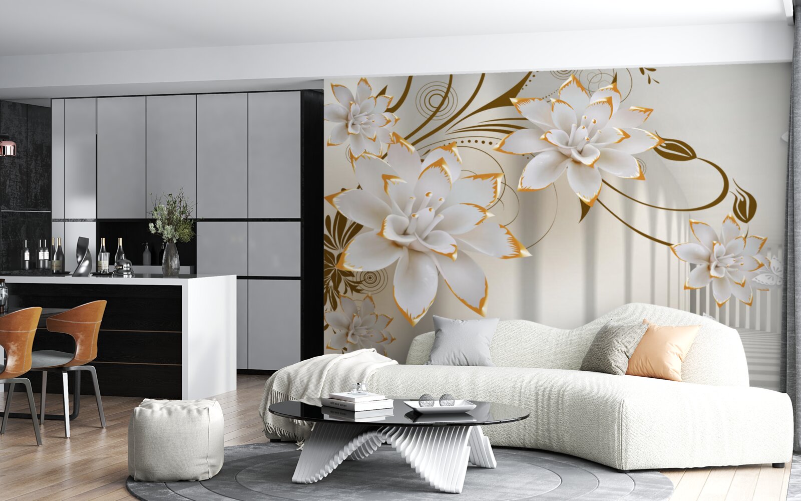 Fototapeta biely lotos a zlato sa stali abstrakciou tunela