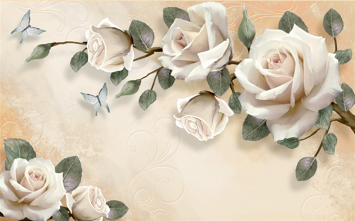 Fototapeta motýle a vetva bielej ruže z kríka