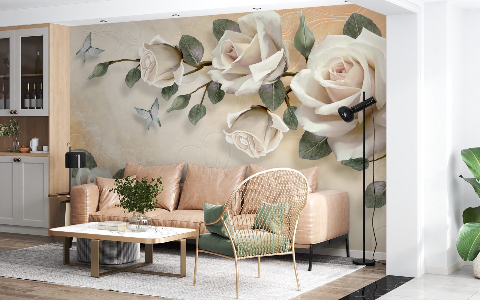 Fototapeta motýle a vetva bielej ruže z kríka