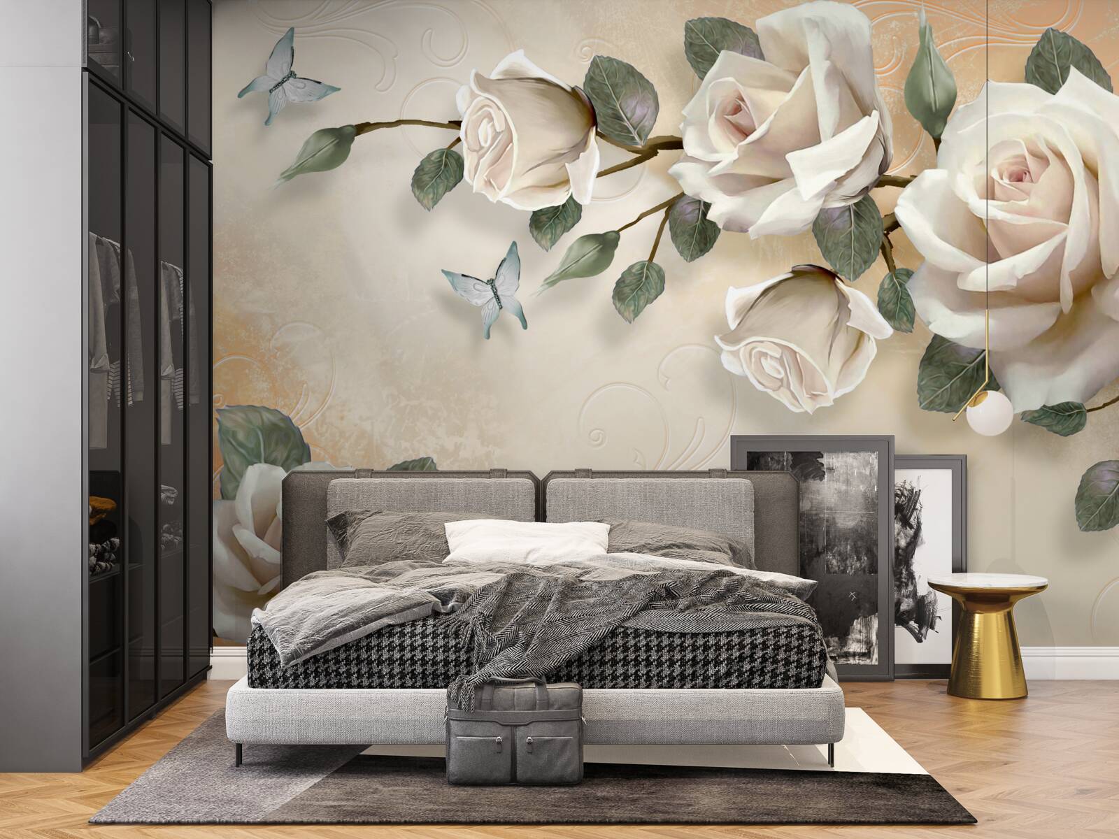 Fototapeta motýle a vetva bielej ruže z kríka