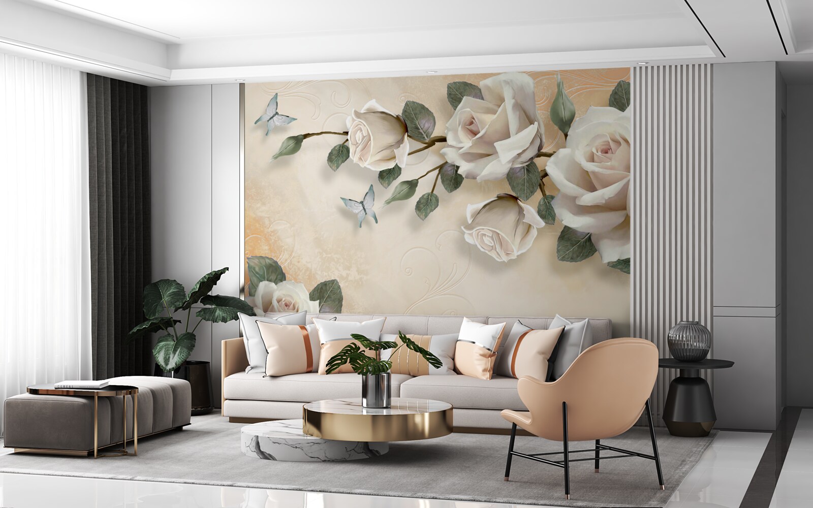 Fototapeta motýle a vetva bielej ruže z kríka