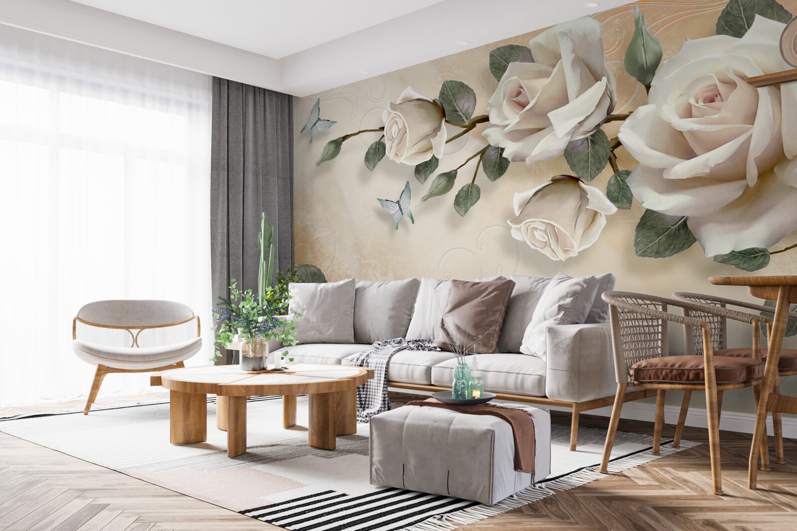 Fototapeta motýle a vetva bielej ruže z kríka