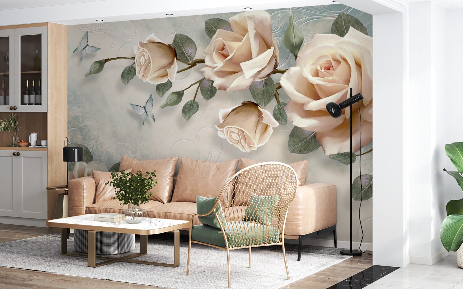 Fototapeta poletuje broskyňová ruža a biele motýle