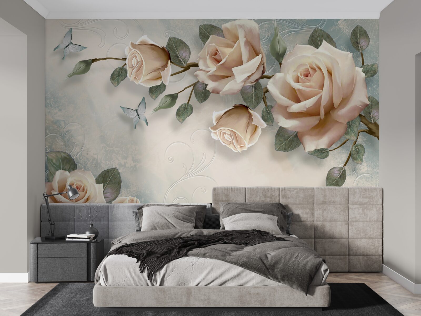 Fototapeta poletuje broskyňová ruža a biele motýle