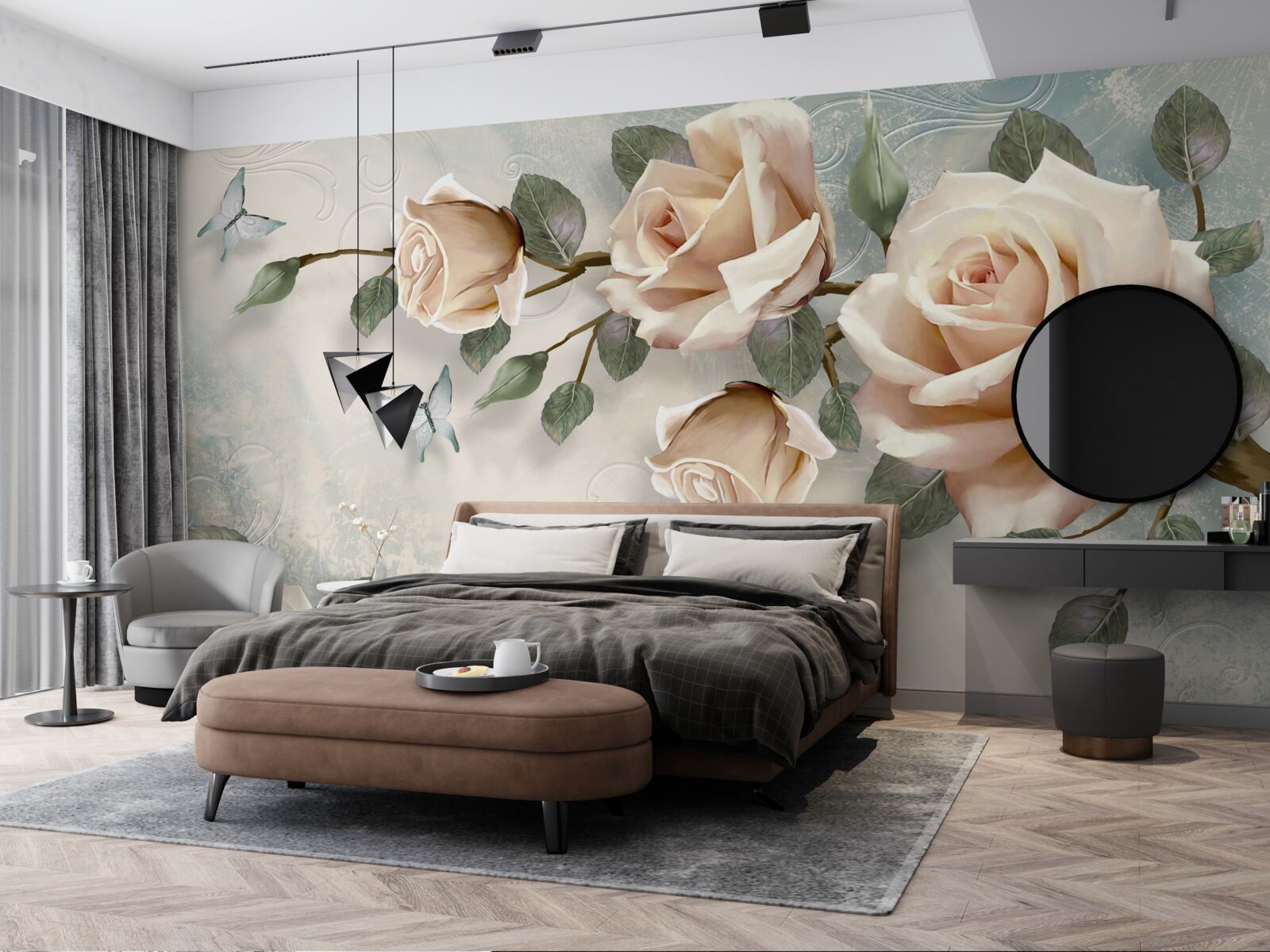 Fototapeta poletuje broskyňová ruža a biele motýle