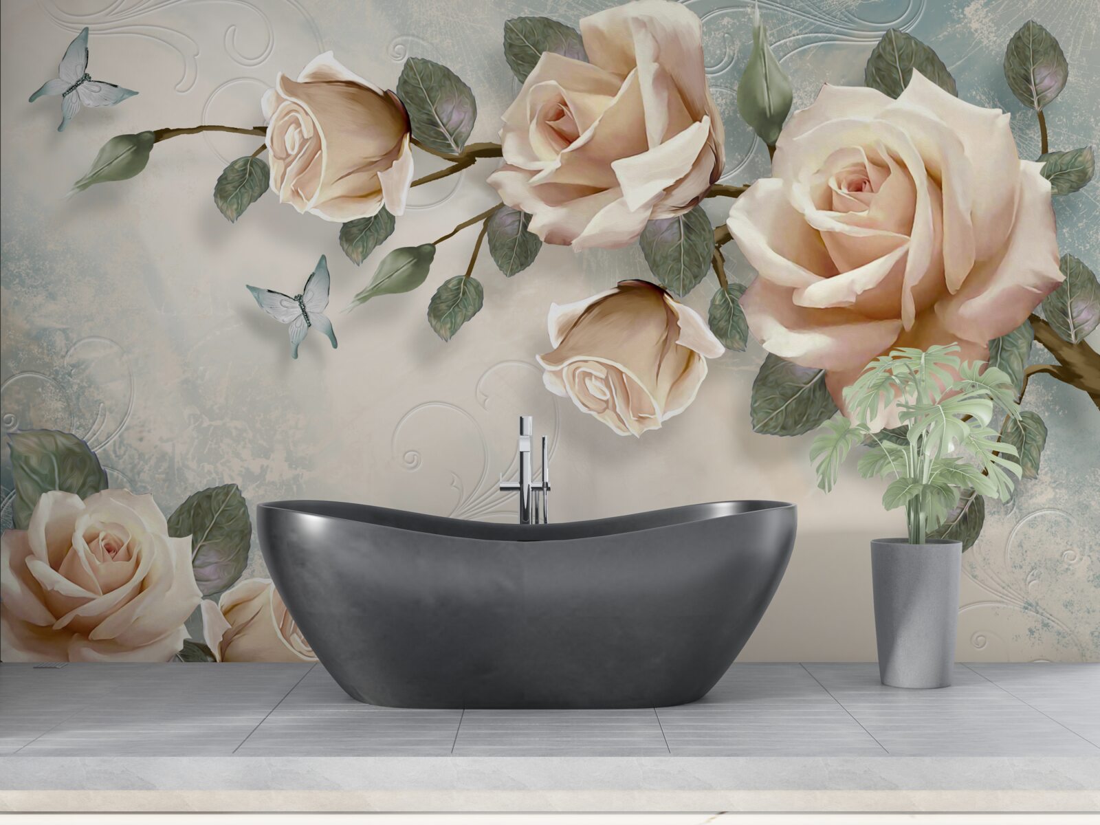 Fototapeta poletuje broskyňová ruža a biele motýle