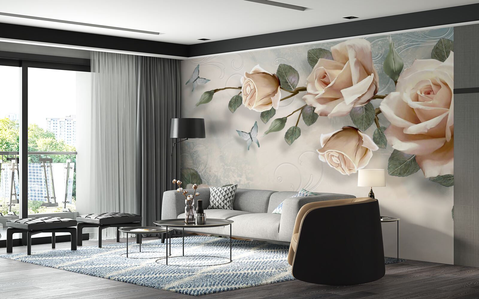 Fototapeta poletuje broskyňová ruža a biele motýle