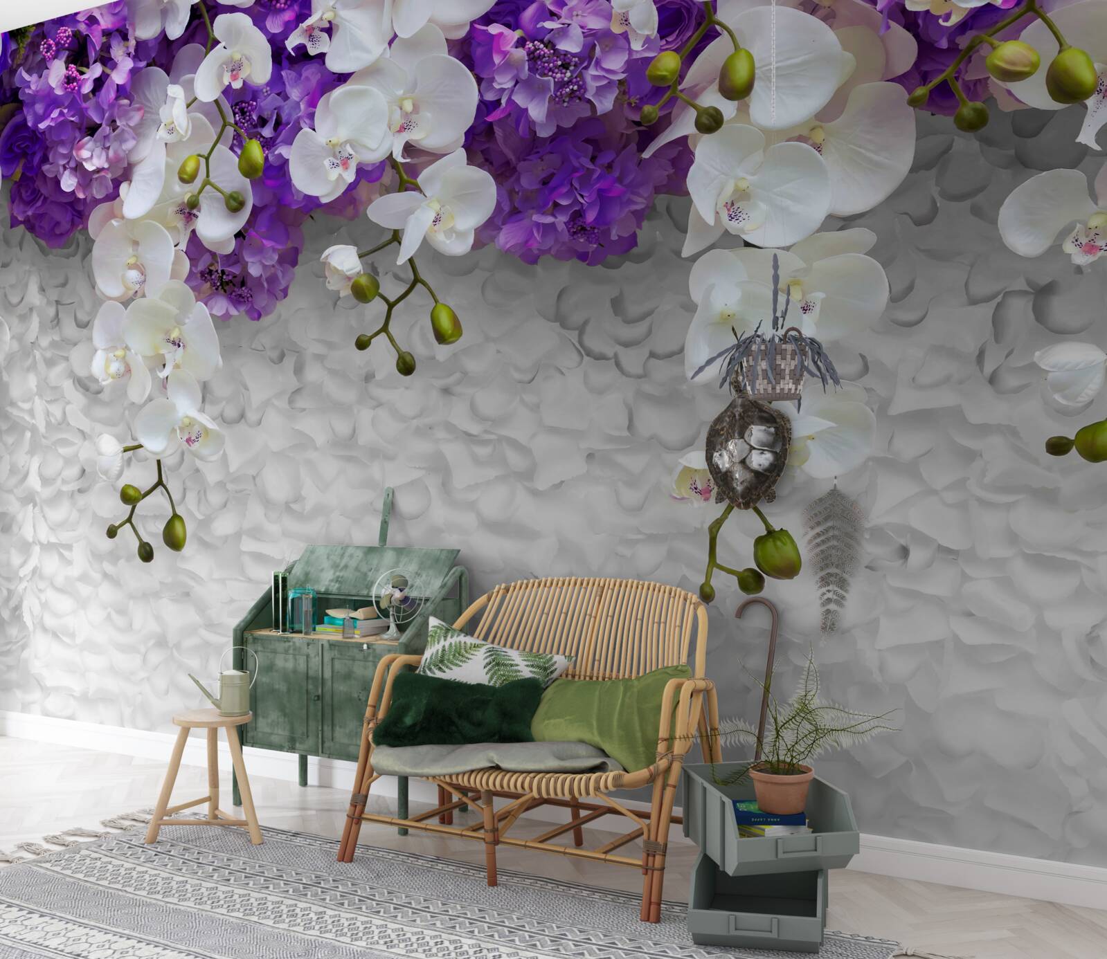 Fototapeta bariéra fialových rastlín a bielej orchidey