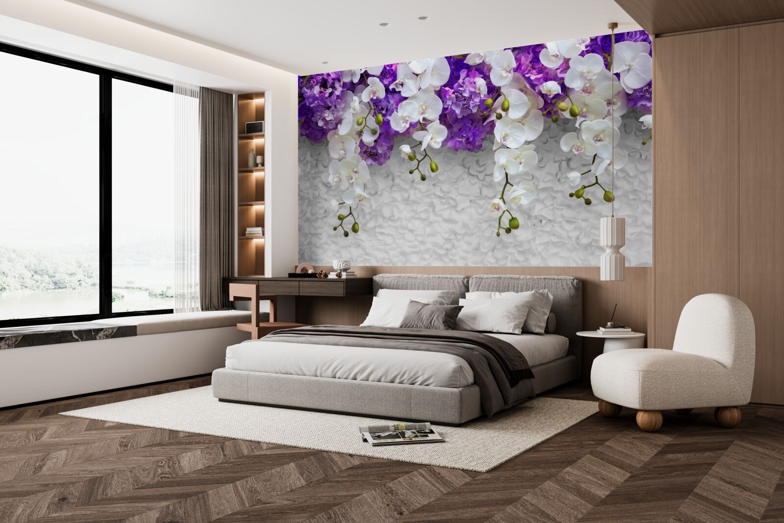 Fototapeta bariéra fialových rastlín a bielej orchidey