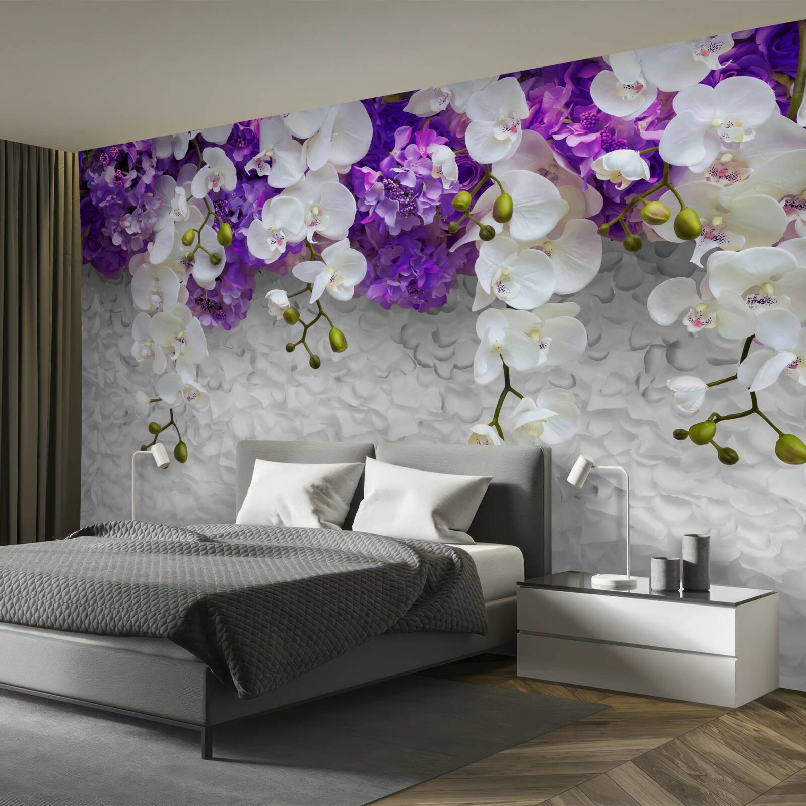 Fototapeta bariéra fialových rastlín a bielej orchidey