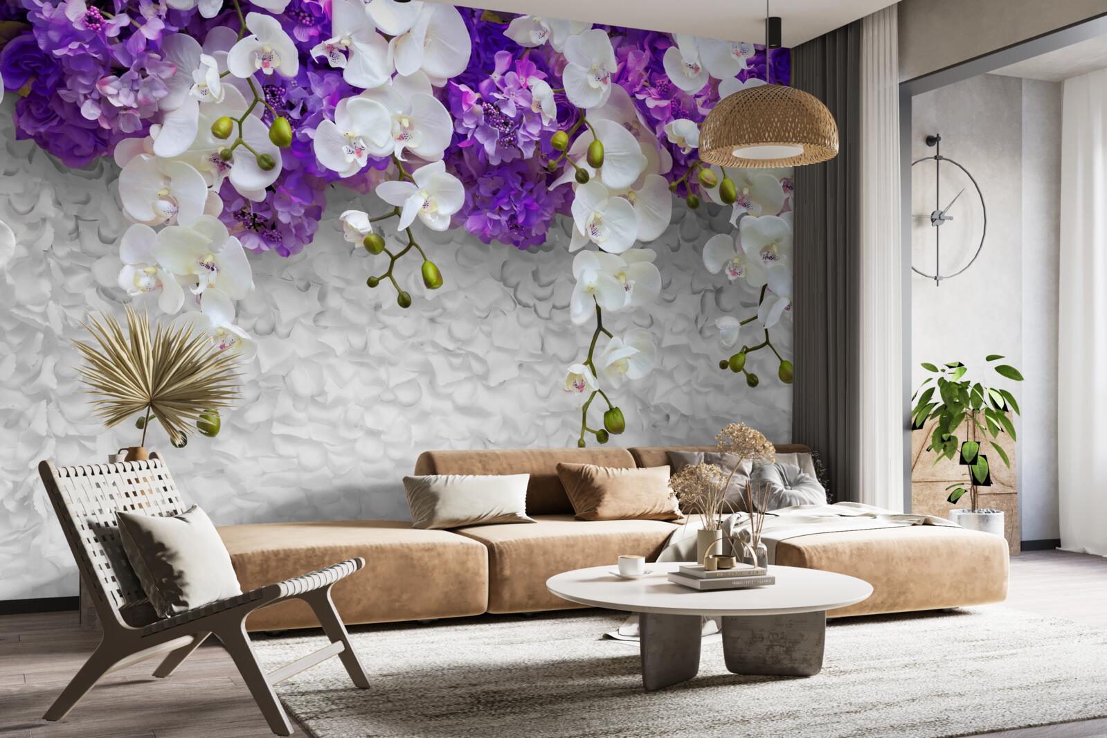 Fototapeta bariéra fialových rastlín a bielej orchidey