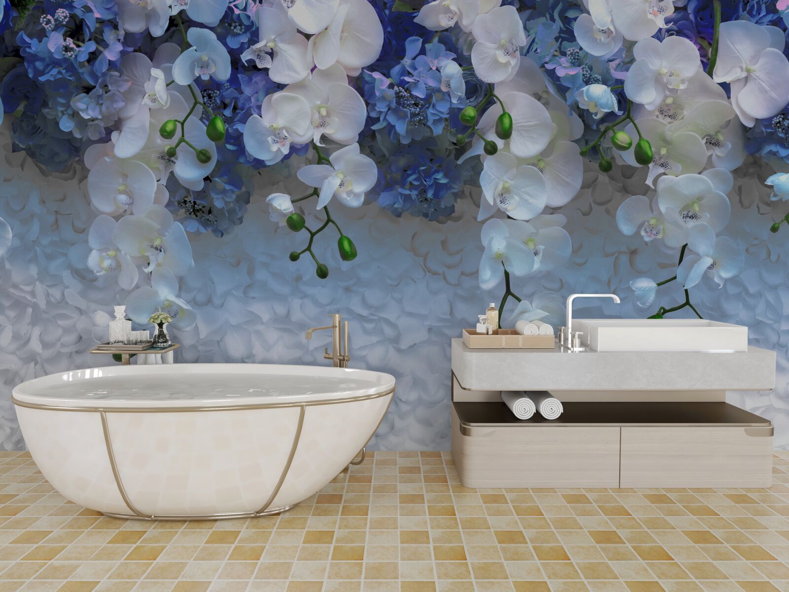 Fototapeta padajúce modré a biele kvety