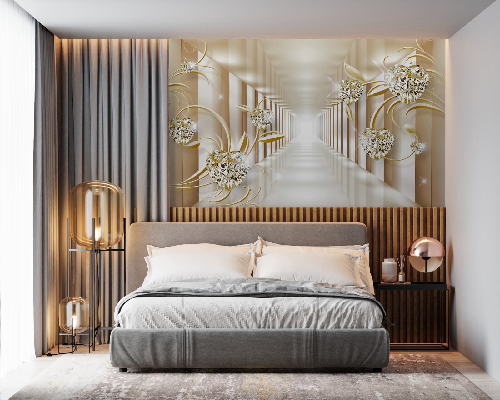 Fototapeta chodba so zlatými dekoráciami a abstraktnými stĺpmi