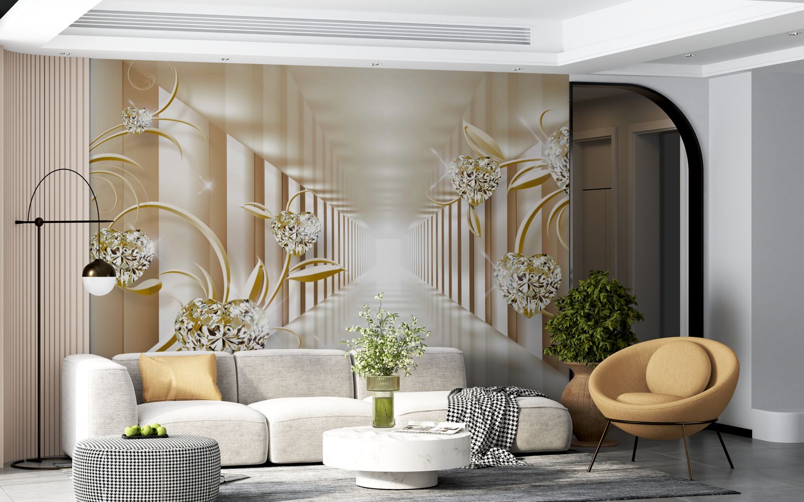 Fototapeta chodba so zlatými dekoráciami a abstraktnými stĺpmi