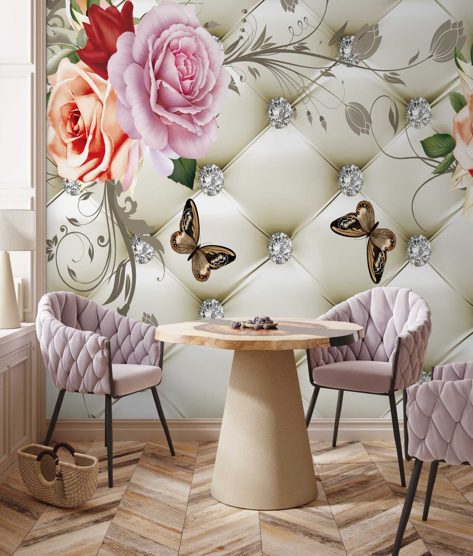 Fototapeta látková dekorácia v podobe motýľov a ruží