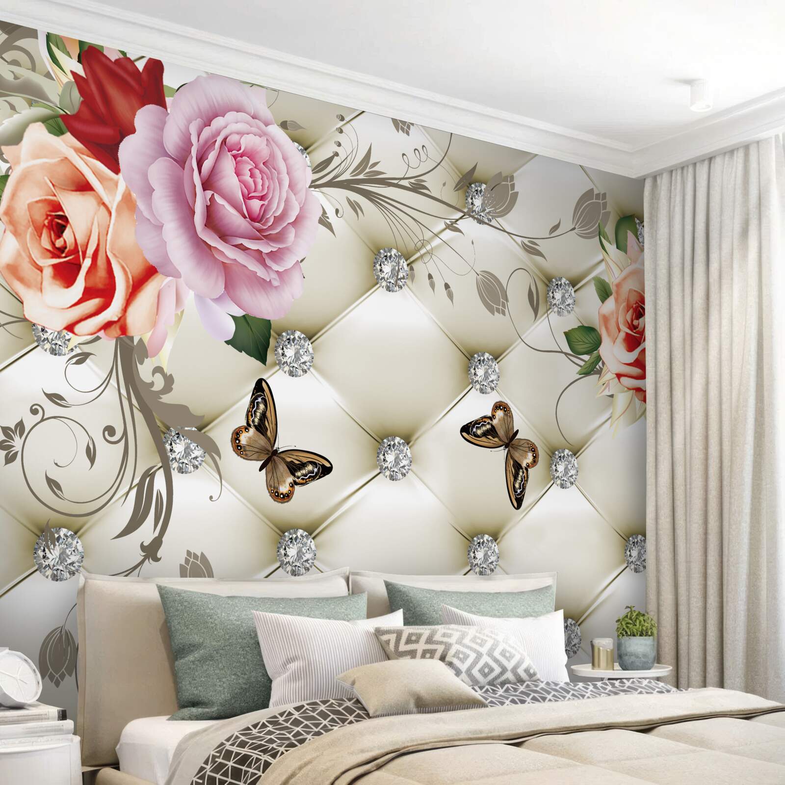 Fototapeta látková dekorácia v podobe motýľov a ruží