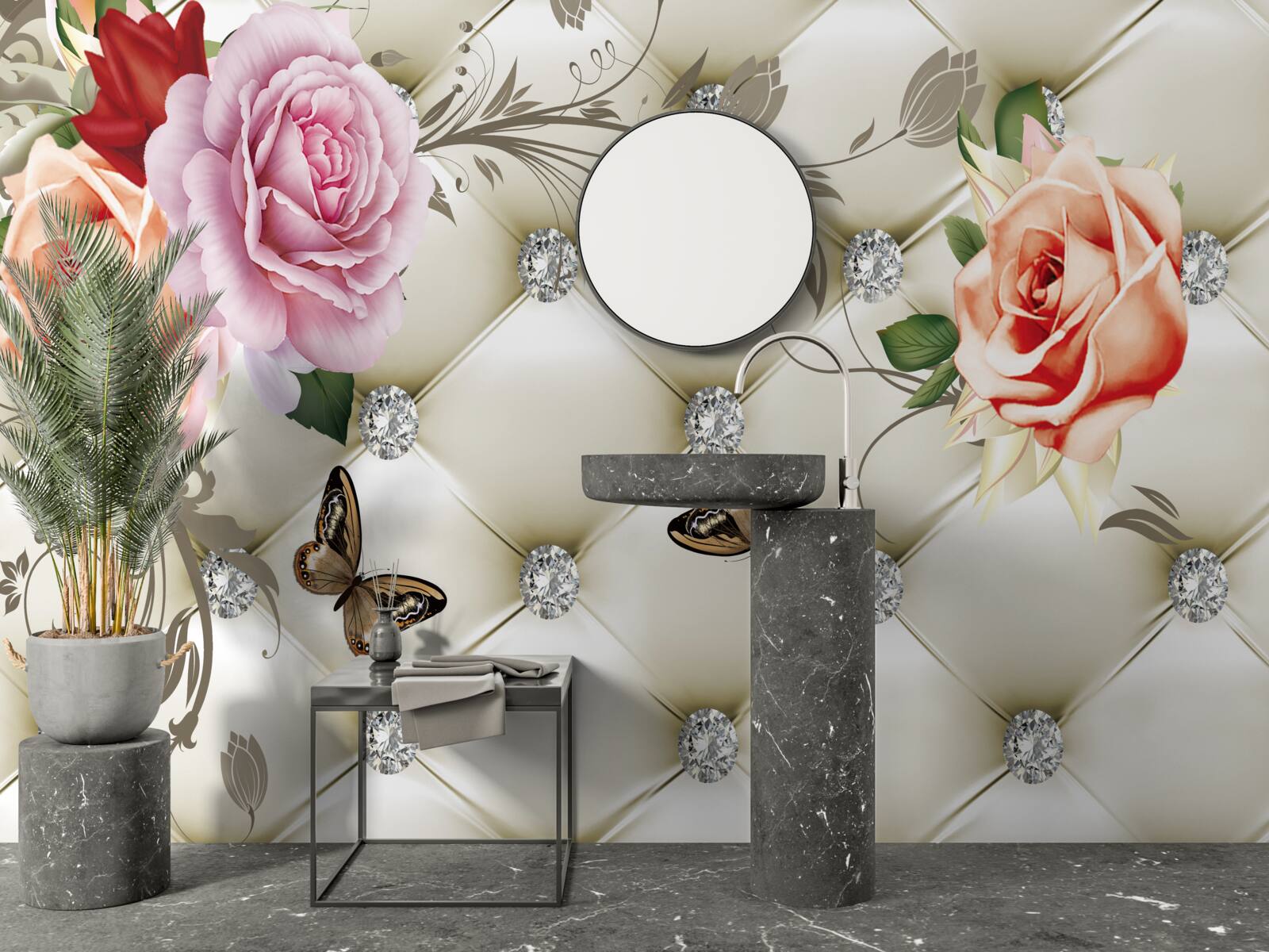 Fototapeta látková dekorácia v podobe motýľov a ruží