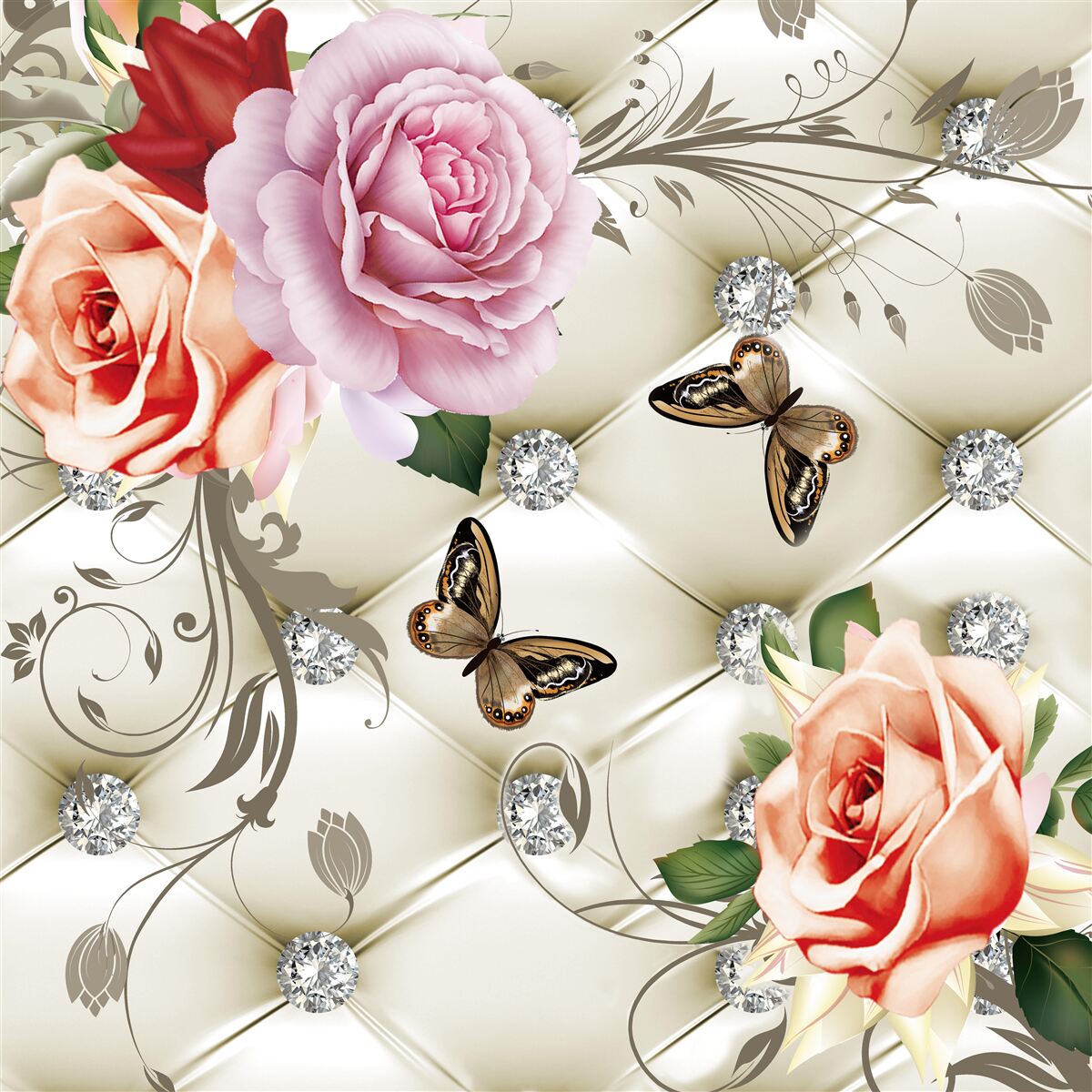 Fototapeta perlové ruže s jasnými motýľmi na púčikoch