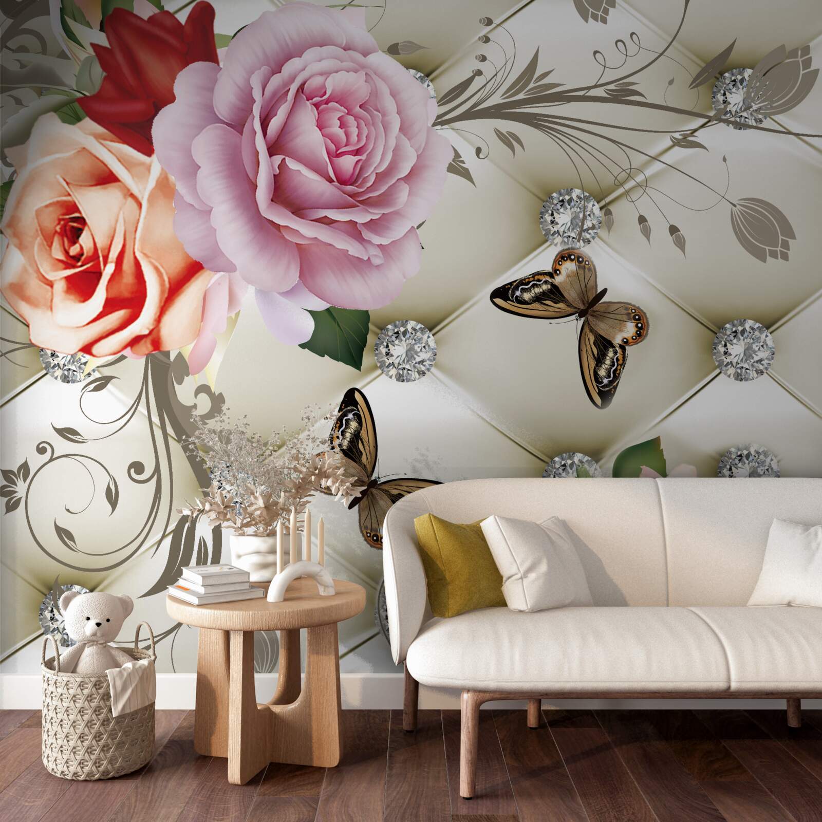 Fototapeta perlové ruže s jasnými motýľmi na púčikoch