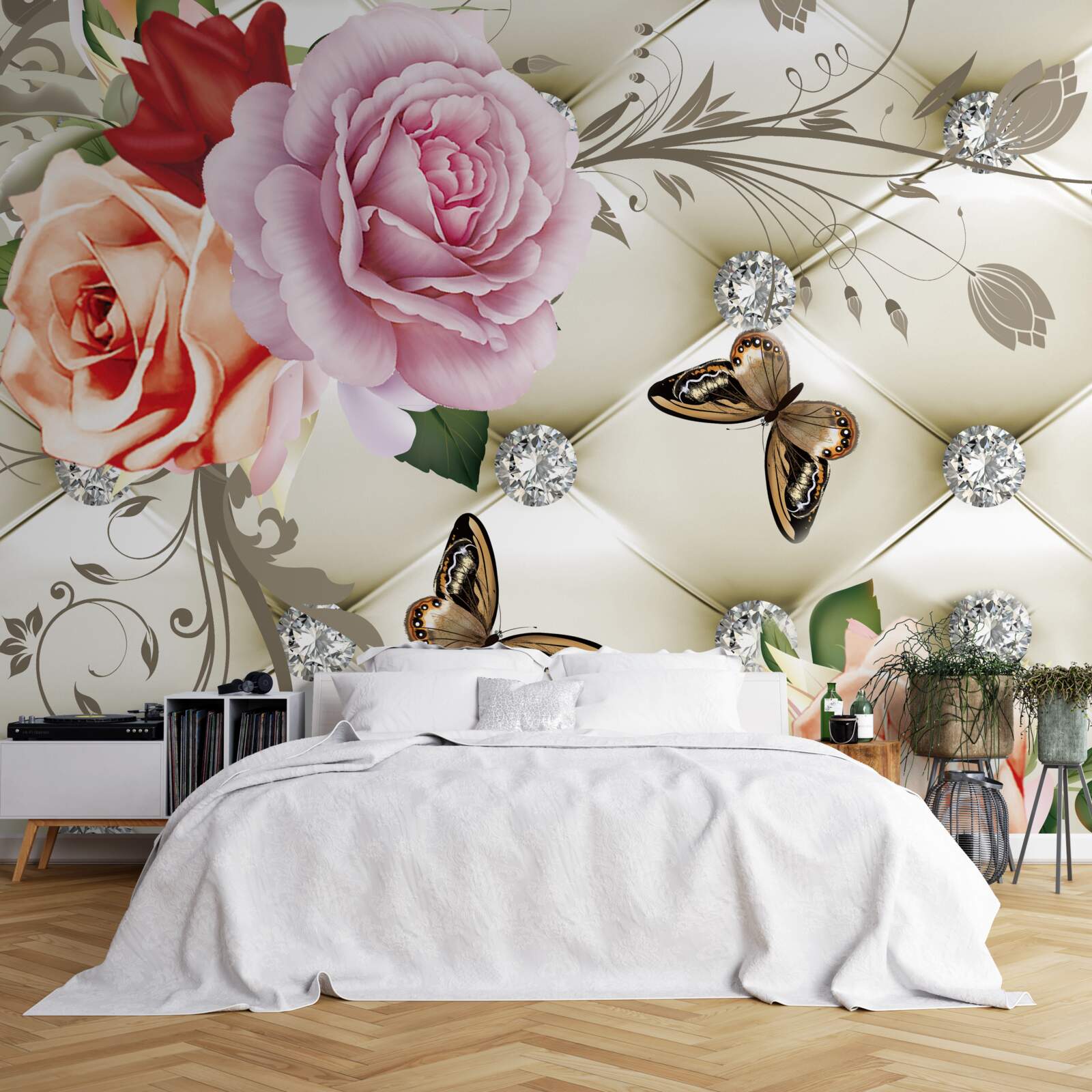 Fototapeta perlové ruže s jasnými motýľmi na púčikoch