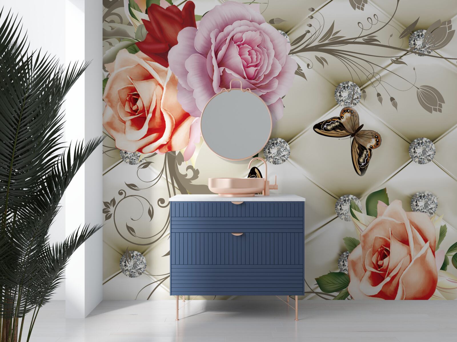 Fototapeta perlové ruže s jasnými motýľmi na púčikoch