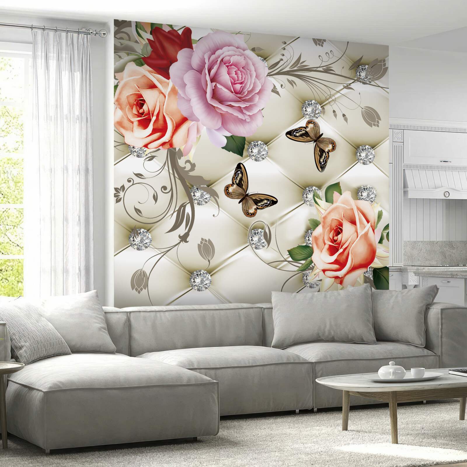 Fototapeta perlové ruže s jasnými motýľmi na púčikoch