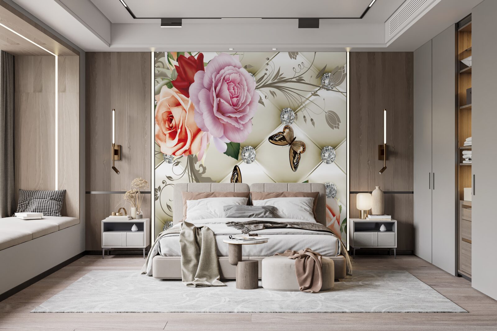 Fototapeta abstraktné pozadie zdobené perlami, kvetmi a ružami