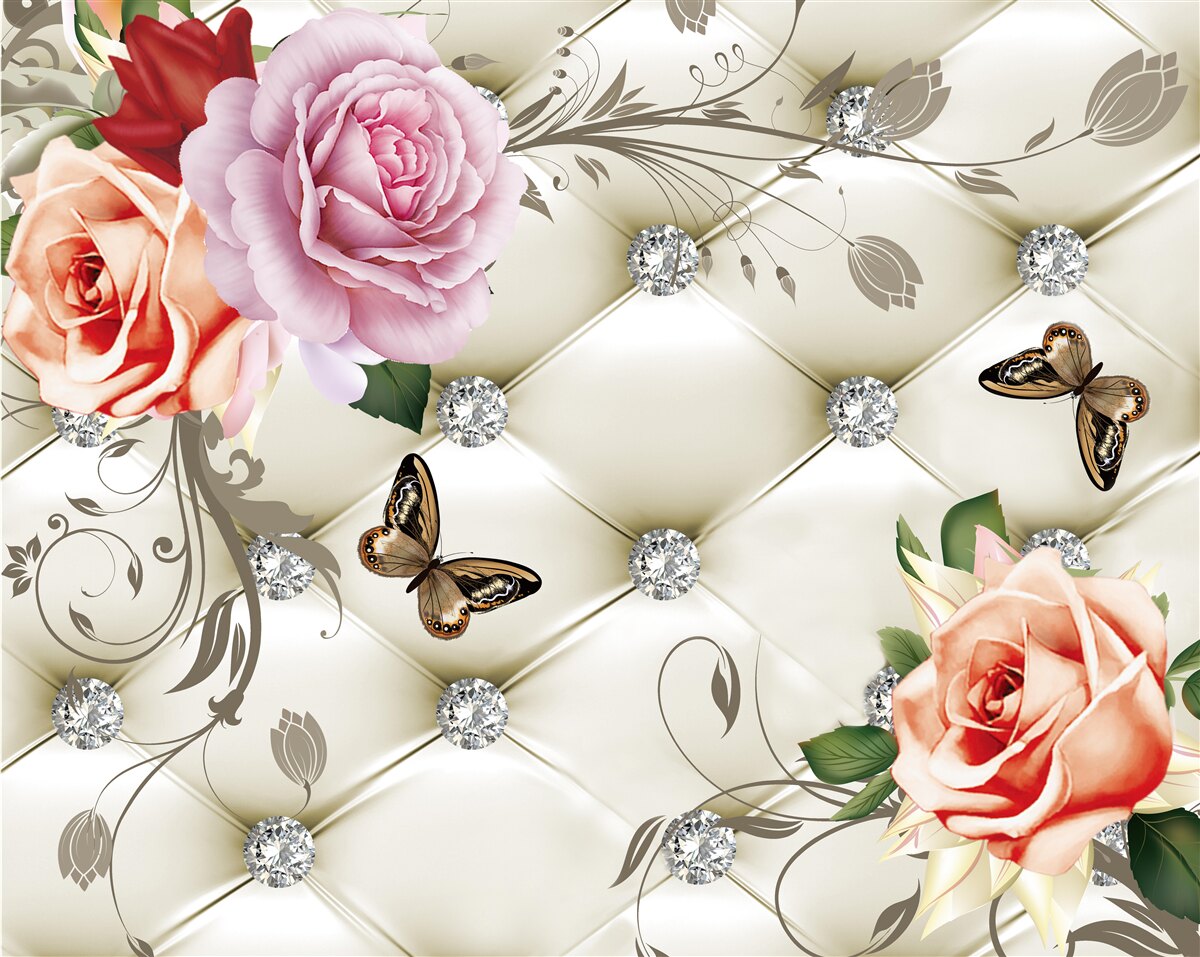 Fototapeta broskyňové a fialové ruže s motýľmi